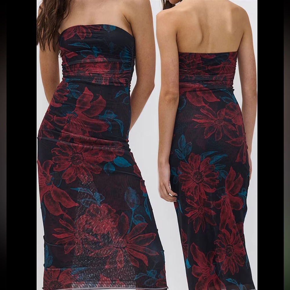 NEW CCB Strapless Tube Black Floral Mesh Bodycon Bandage Lined Maxi Dress Small